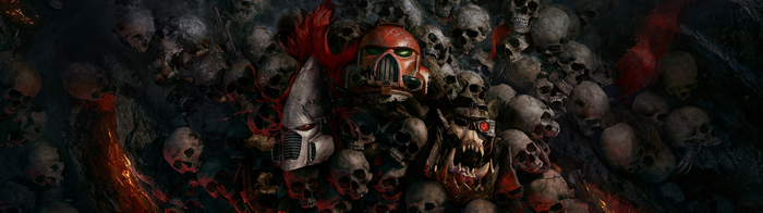 Warhammer 40,000: Eldar, Space Marine, and Ork skulls