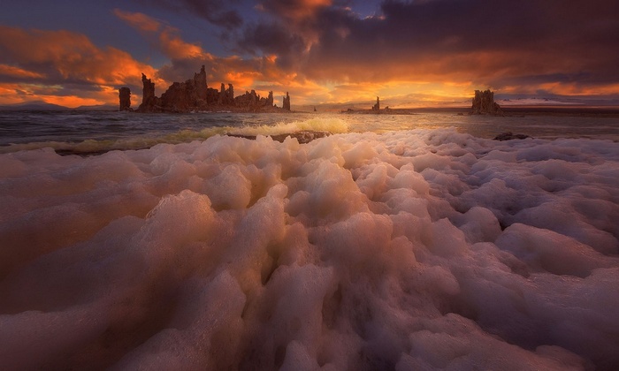 Mono Lake California at sunrise with foam