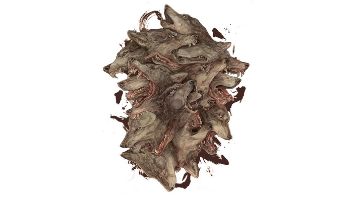 A drawing of a cluster of wolf heads