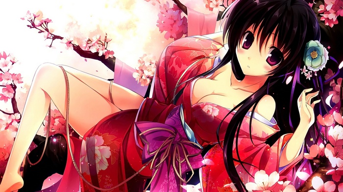 Anime girl in kimono with cherry blossoms