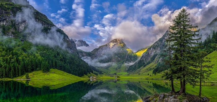 Mountain lake reflection with trees and clouds