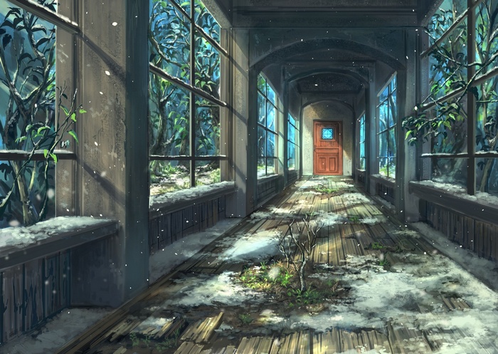 Abandoned hallway with snow and trees outside