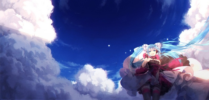 Hatsune Miku in the clouds under a starry sky