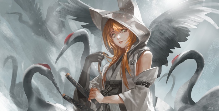 Anime girl with swords and cranes