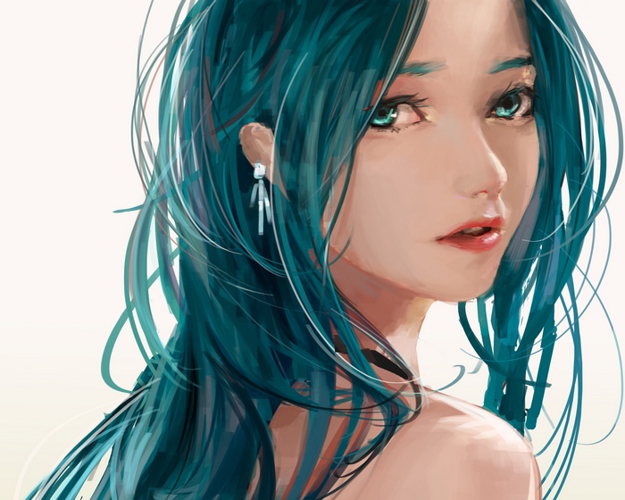 Hatsune Miku with long teal hair and earrings