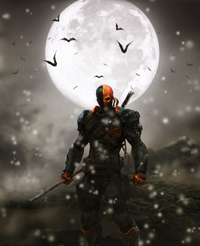 Deathstroke stands before a large moon with bats flying