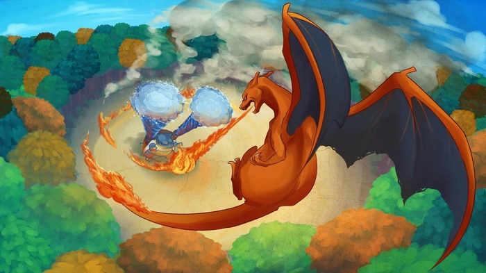 Charizard and Blastoise battling in a forest