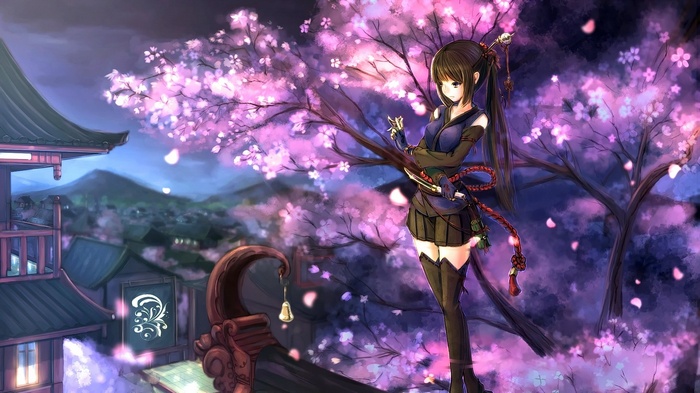 Anime girl with long hair under cherry blossoms