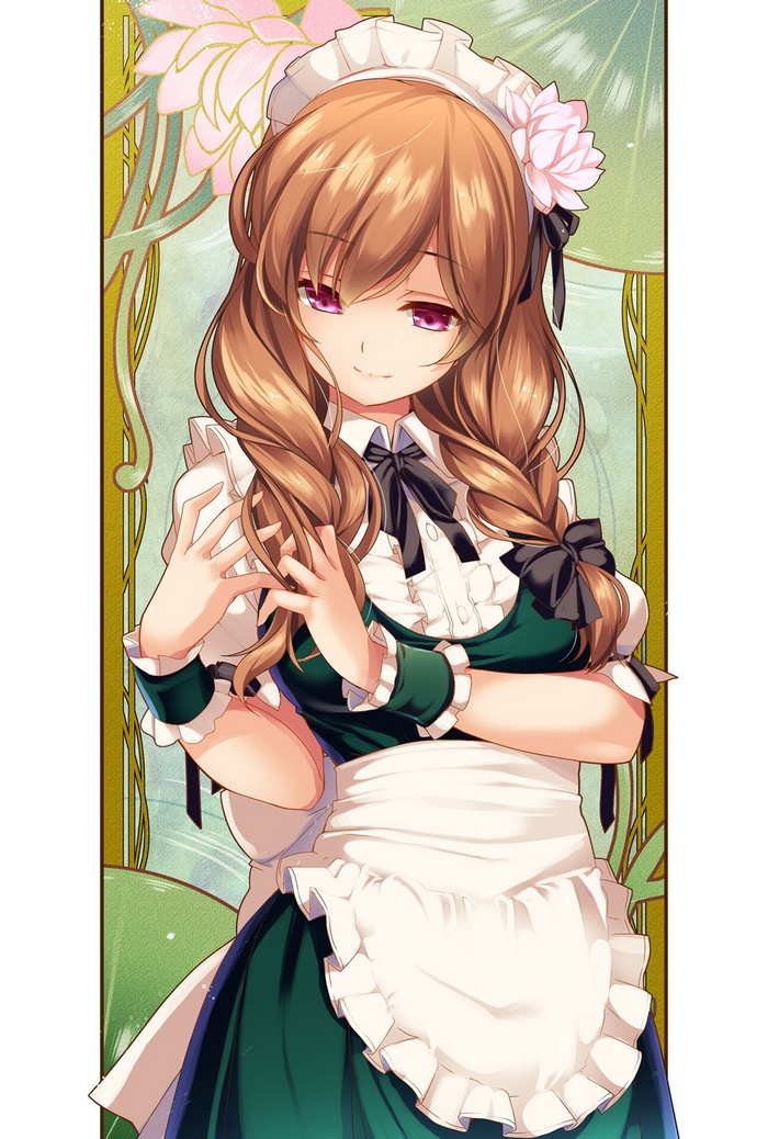 Anime maid girl with long brown hair and purple eyes