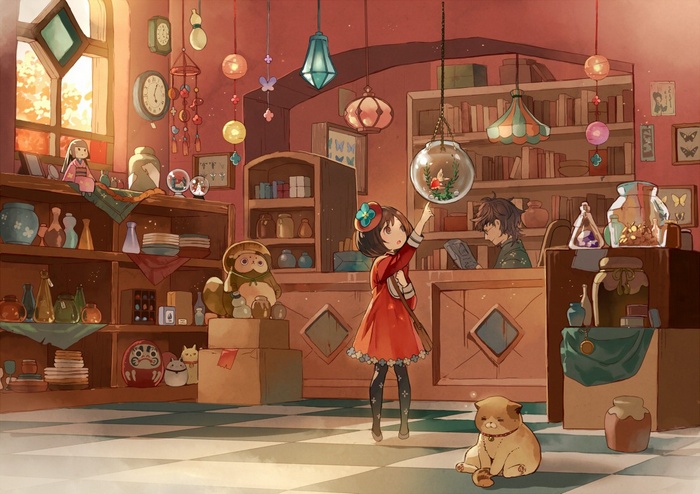 original characters, stores, anime girls, anime, peaceful