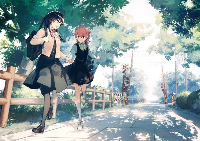 Nanami Touku and Koito Yuu walking by train tracks