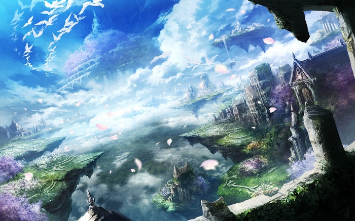 floating island, clouds, anime, city, birds, sky, fantasy art, landscape