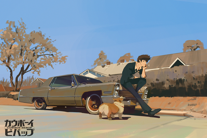 Spike Spiegel and Ein from Cowboy Bebop by a car