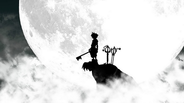 Sora and Keyblades under the Moon in Kingdom Hearts