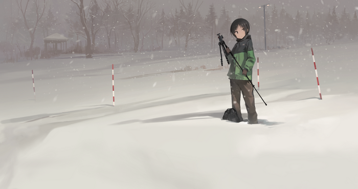 Anime girl with tripod in snowy park