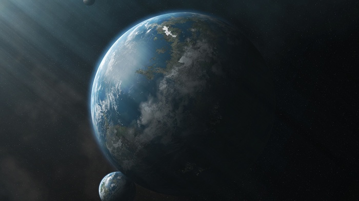 Digital art of planets in space with sun rays