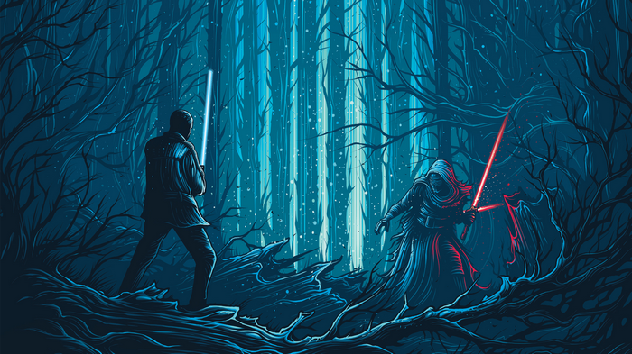 Star Wars: Kylo Ren and Rey in a forest
