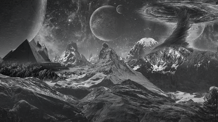 Surreal monochrome landscape with Matterhorn and pyramids