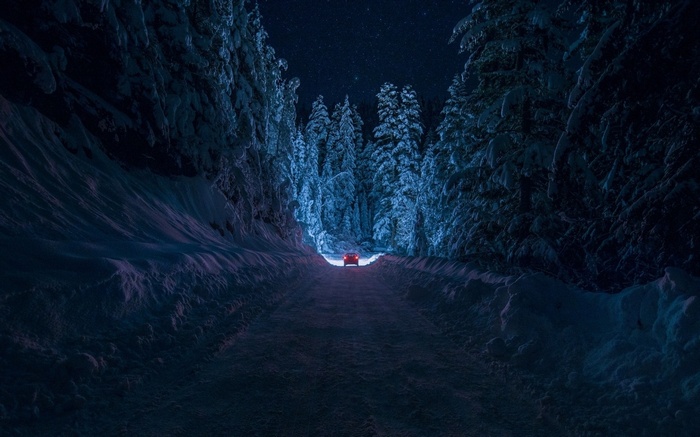 Car driving on a snowy road at night