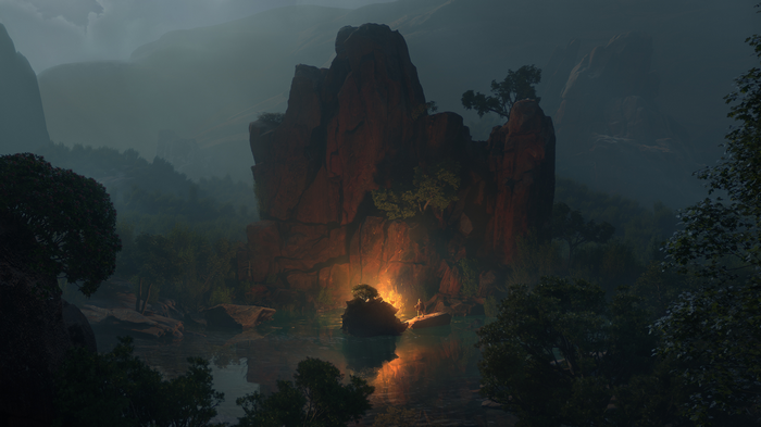 A lone figure by a campfire in a misty forest lake