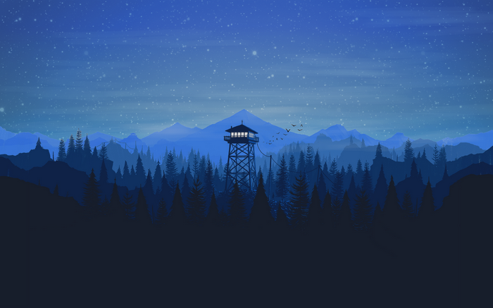 Firewatch tower in a starry night forest