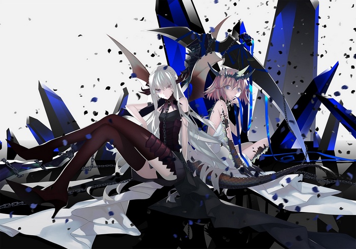 Two anime girls with scythe and wings