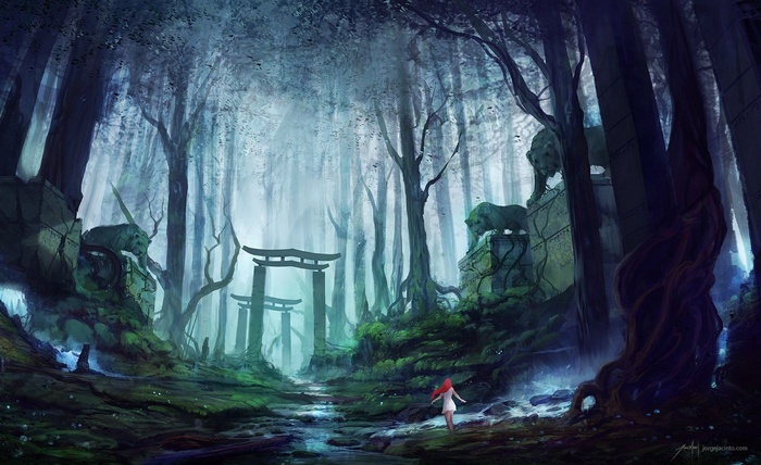 Redhead girl in a mystical forest with torii gates