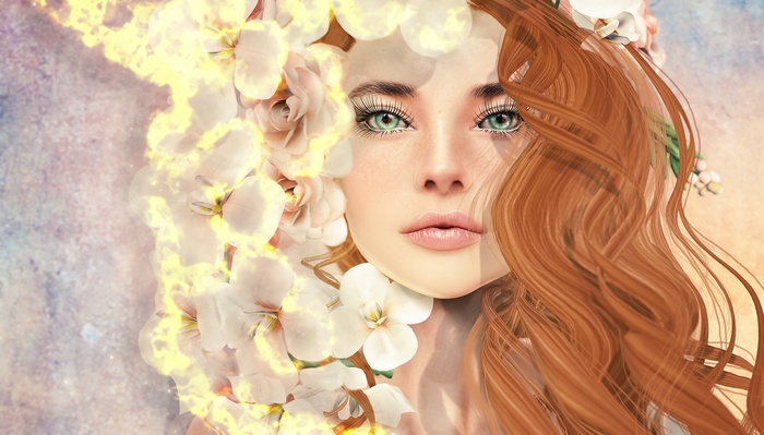Artwork of a woman with red hair and green eyes surrounded by flowers