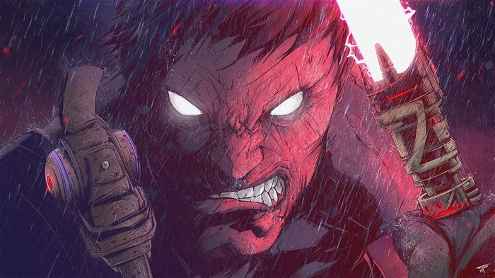 Marvel Comics character with glowing eyes and lightsaber