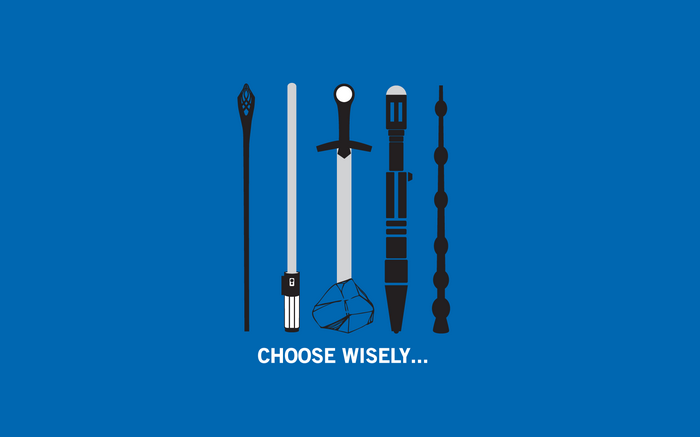 Minimalist illustration of iconic weapons on a blue background