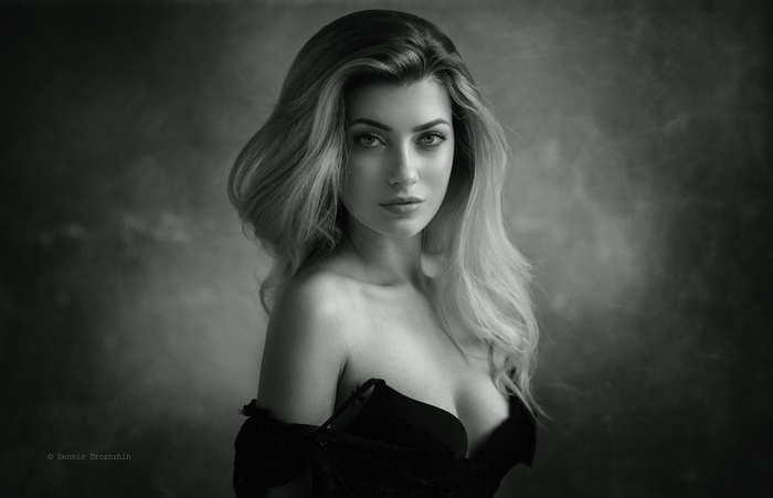 dress, women, portrait, bare shoulders, blonde, cleavage, black bras, Dennis Drozhzhin, face, Anna