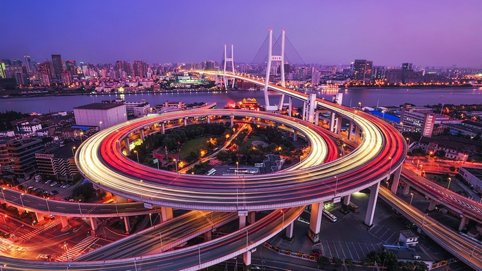 Long exposure of Nanpu Bridge in Shanghai at dusk
