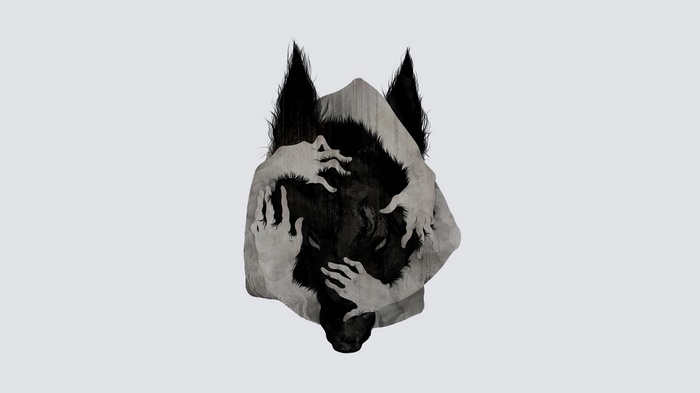 Abstract wolf with hands on a white background