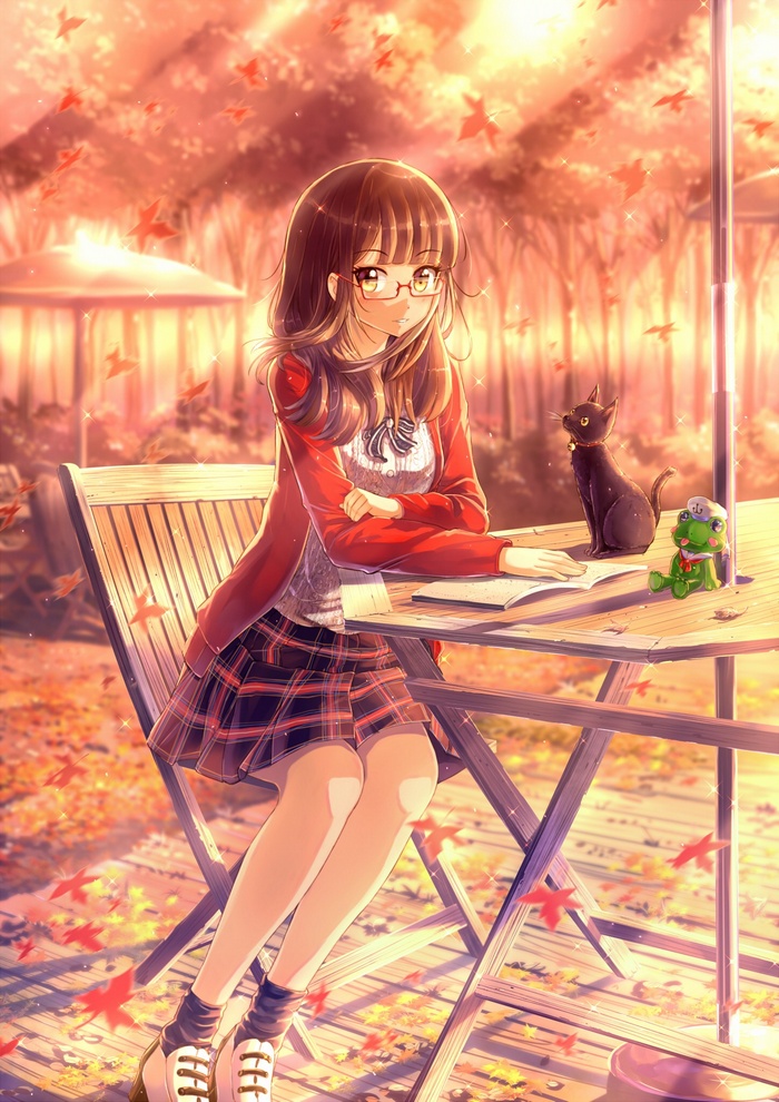 Anime girl with glasses and cat at a table