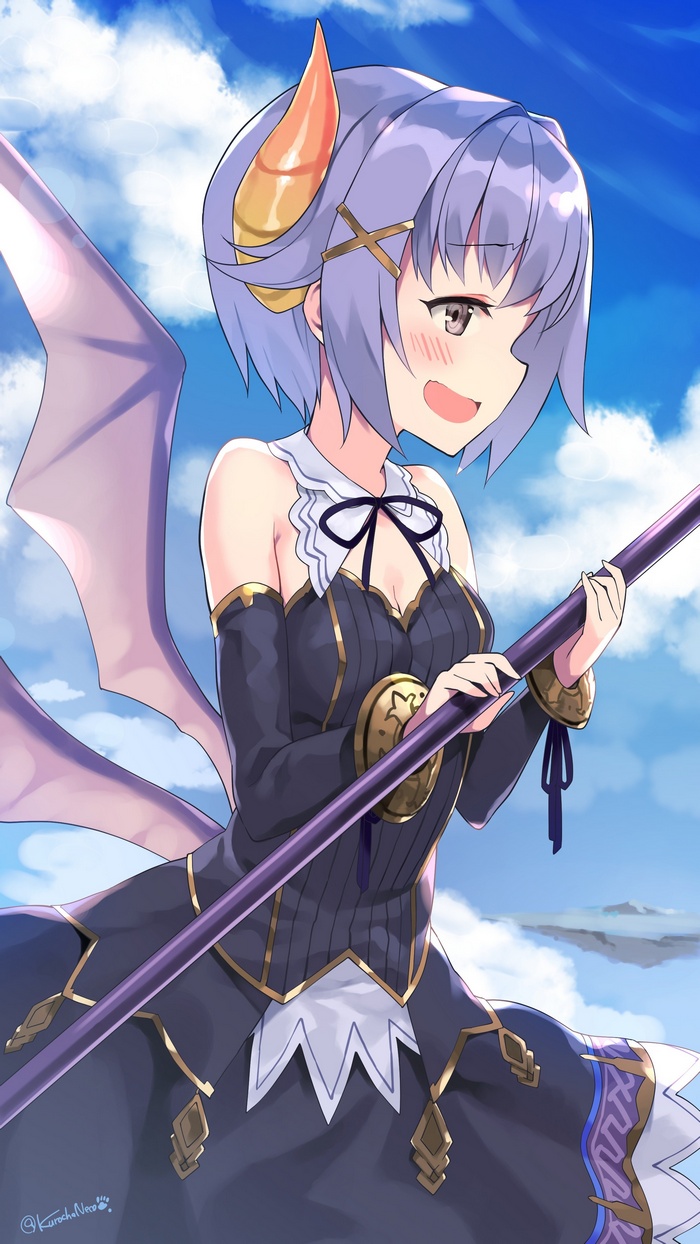 Anime girl with horns and wings holding a staff