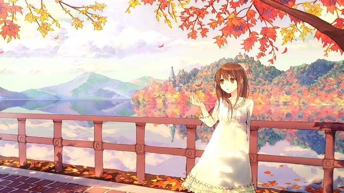Anime girl by a lake with autumn mountains