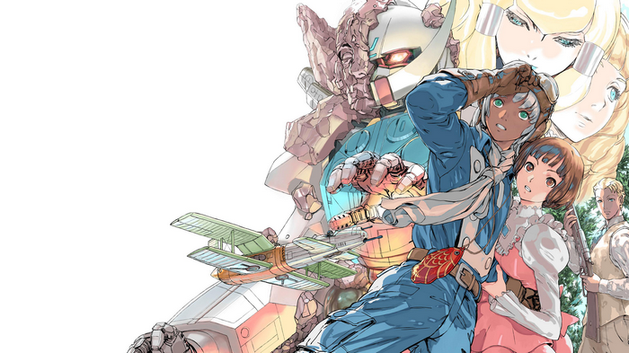 Anime characters and a Gundam robot