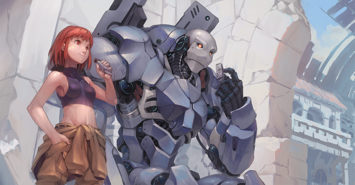 Girl and mech in ruined city