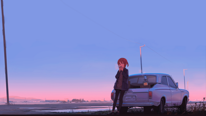 Anime girl leaning on a car at sunset