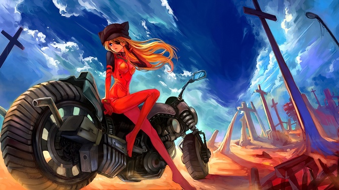 Asuka Langley Soryu on a motorcycle in a post-apocalyptic landscape