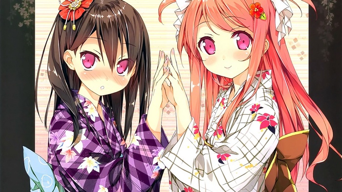 Two anime girls in kimonos with pink eyes