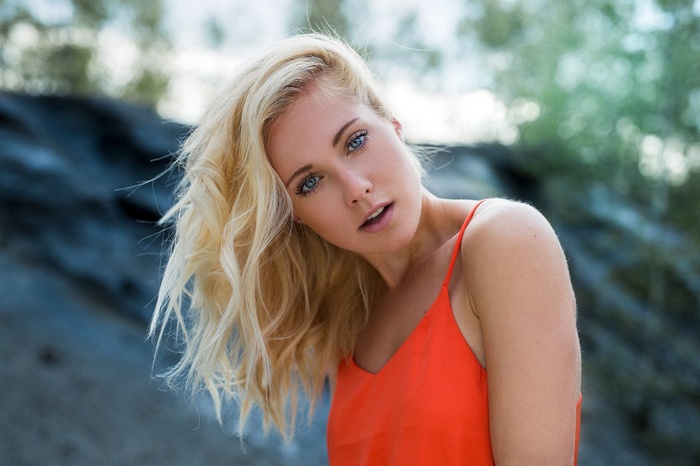 Portrait of a blonde woman with blue eyes
