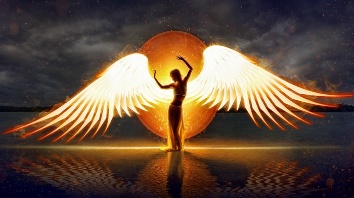 Angel with glowing wings in front of a sun