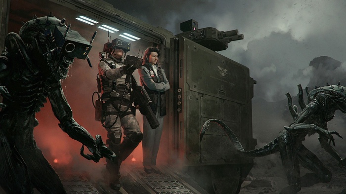 Alien concept art with soldiers and xenomorphs