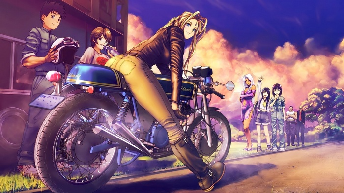 Ah! My Goddess! characters with a motorcycle