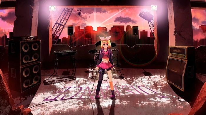 Kagamine Rin on a destroyed stage with city background