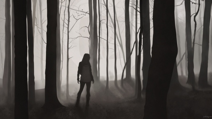 A person walks through a dark, foggy forest.