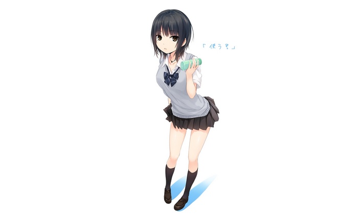 Anime girl in school uniform holding a bottle