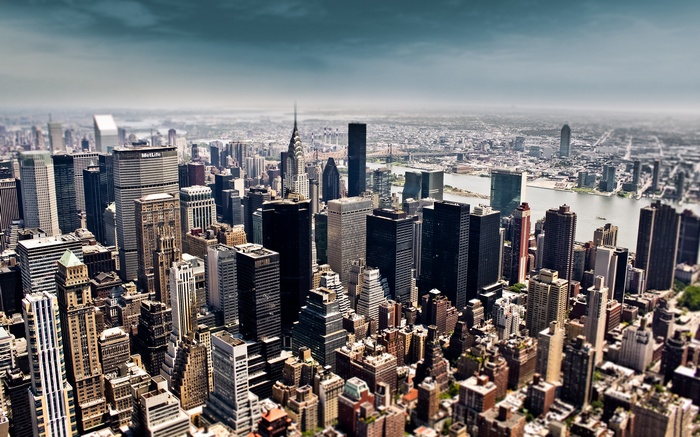 New York City skyline with skyscrapers and river
