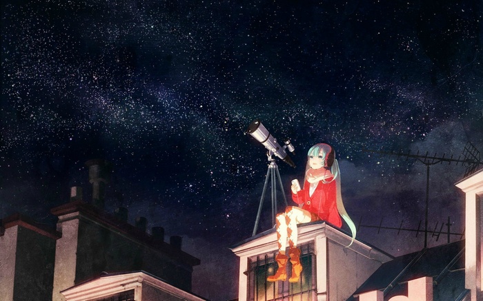 Hatsune Miku stargazing with a telescope on a rooftop